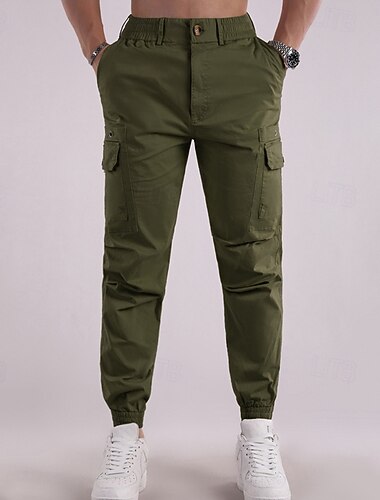  Men's Cargo Pants Trousers Buttons Elastic Waist Multi Pocket Plain Wearable Outdoor Daily Camping & Hiking Fashion Classic Black Army Green