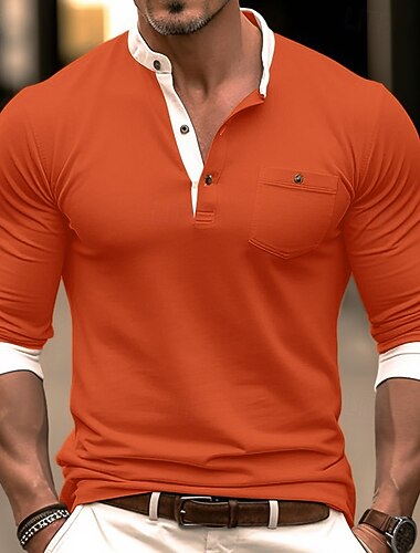  בגדי ריקוד גברים חולצה קצרה חולצת הנלי טופ טי חולצה ארוכת שרוולים שרוול ארוך קולור בלוק אופנתי מעצב בסיסי טלאים הנלי חופשה רחוב ליציאה קיץ & אביב שחור כחול כהה כתום חולצת טריקו של הנלי