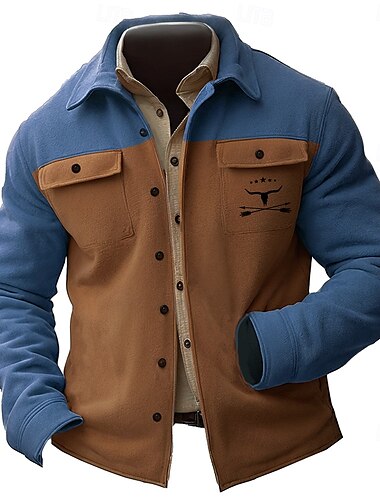  Herren Cowboy Hemdjacke Overshirt Langarm Vintage Brautkleider schlicht Freizeitskleidung Ausgehen Herbst Winter Umlegekragen Knopf 3D-Druck 2 Taschen 1pc Schwarz Blau Khaki