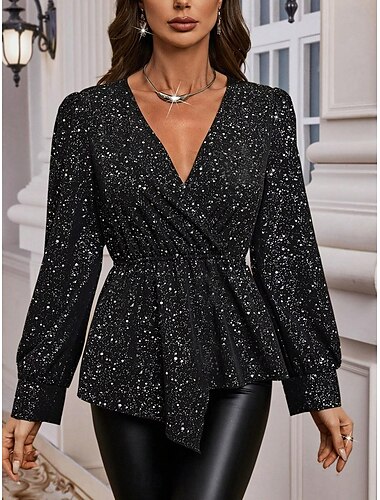  Damen Bluse Party Urlaub Elegant Langarm V Ausschnitt Schwarz Herbst Winter