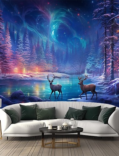  arazzo a luce nera che brilla al buio festa luminosa renna aurora arazzo appeso reattivo ai raggi UV arte murale per soggiorno camera da letto
