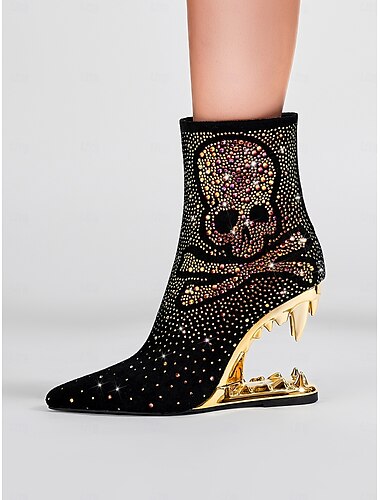  svarte skull-ankelstøvletter for kvinner med rhinestone-pynt og gullutskårne hæler – dristige statement-hæler for gotisk mote og fester