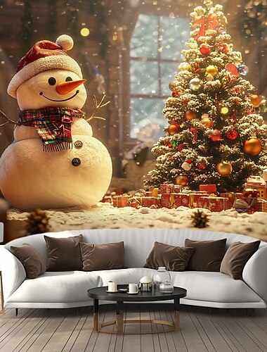  クリスマスの飾り 吊り下げタペストリー 壁アート クリスマス 雪だるま ツリー 大きなタペストリー 壁画 装飾 写真 背景 ブランケット カーテン 自宅 寝室 リビングルーム
