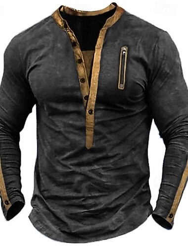  男性用 Tシャツ 純色 ヘンリー 標準 アウトドア 家 長袖 ビンテージ 衣類 ヴィンテージ風