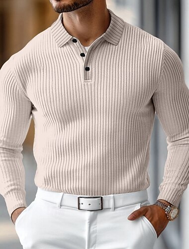  Per uomo POLO Top in maglia a coste Attività commerciale Informale Collo a polo a costine Manica lunga Di tendenza Essenziale Tinta unica A maglia Autunno Inverno Standard Grigio scuro Nero Bianco
