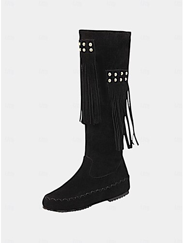  Damenstiefel aus Wildlederimitat mit Fransen und Nietendetails – kniehohe Mokassinstiefel im Retro-Westernstil für die Freizeit oder Festivals