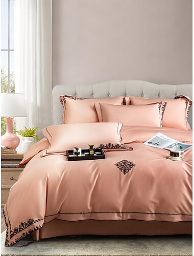  Juego de cama con funda nórdica de 4 piezas, tejido 100% algodón orgánico suave y transpirable, incluye funda nórdica y fundas de almohada para un sueño confortable.