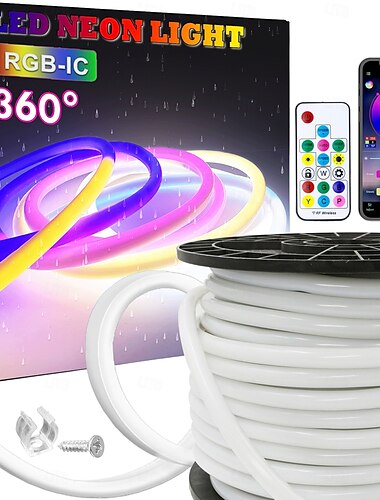  Bande lumineuse LED en silicone blanc néon, 16 mm, circulaire à 360 °, lumière de corde de couleur de rêve flexible RVB avec contrôleur IR à 17 touches, USB DC5V pour décoration intérieure/extérieure