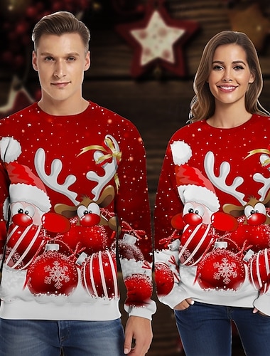  3D-Druck 3D Weihnachten Bischofsärmel Pullover Lustiges Weihnachts-Sweatshirt Weihnachtsmann Rentier Rudolf Grafik für Paar Herren Damen Erwachsene 3D-Druck  für Weihnachten Maskerade Party Festival