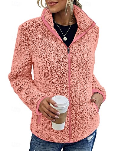  Sudadera con cremallera para mujer, chaqueta de polar, estilo vintage, de sherpa, de color liso, para el día de San Valentín, informal, con cuello en V, con cremallera, bolsillo, manga larga, rosa,