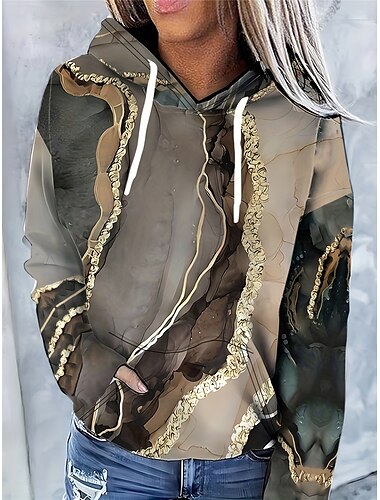  Sudadera con capucha para mujer, con bloques de color, para uso diario, con bolsillos, estampado informal, manga larga, microelástica, otoño e invierno, cómoda, transpirable, tejido suave