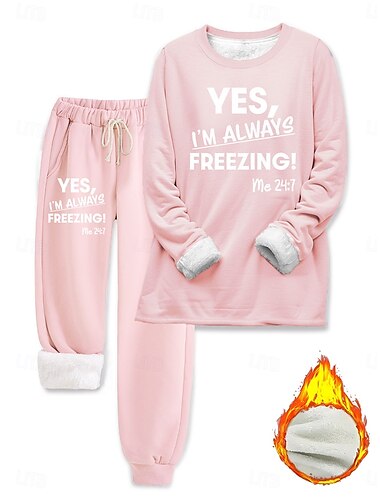  Damen 2-teiliges Loungewear Set Pyjamas Fleece Flauschig Langarm Oberteil und Hose Text Druck Komfort Casual Hause Tragen Kordelzug Uni Gemütlich Winter
