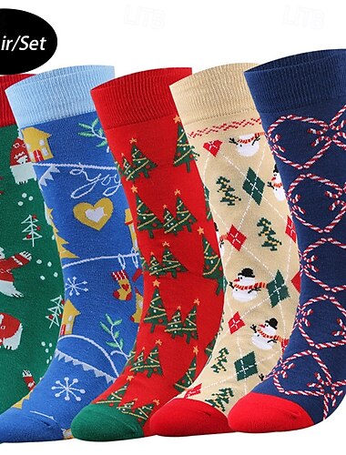  Herren 5 Paare Mehrfachpackungen Socken Socken Stricken Freizeitsocken Weihnachtssocken Rote Marineblau Farbe Weihnachtsbaum Weihnachten Täglich Urlaub Mittel Herbst Winter Modisch Brautkleider