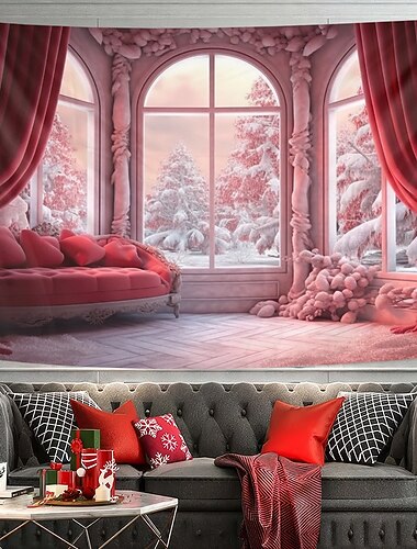  Christmas Decorations Hanging Tapestry Wall Art Xmas Red Curtain Large Tapestry Mural Decor Photograph Backdrop Blanket Curtain Home Bedroom Living Room Window View