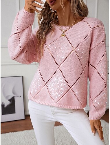  Damen Pullover Brautkleider schlicht Feste Farbe Geometrisch Rundhalsausschnitt Strick Langarm Lange Oberteile Stricken Heim Arbeit Rosa Blau Herbst Winter
