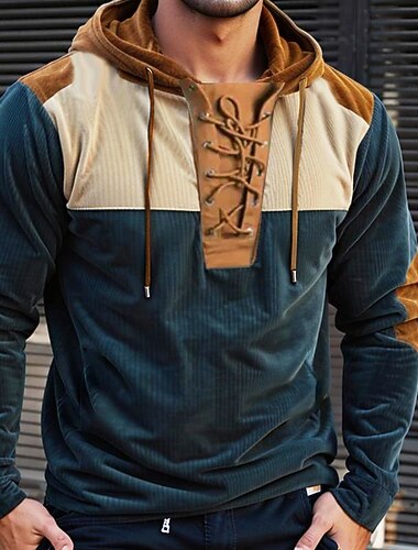  Herren Hoodie Sweatshirt Kapuze Blau Dunkelgrün Kapuzenpullover Mit Kapuze Feste Farbe Farbblock mit Schnürung Vintage-Stil Mit Kapuze Heim Sport & Natur Kord Vintage Täglich Traditionell / Vintage