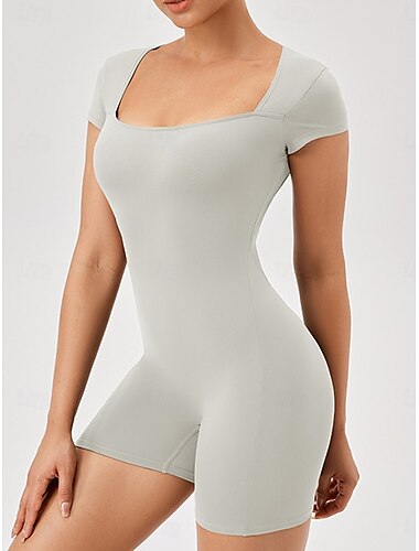  Damen Overall Trainingsanzug Einteiler Feste Farbe Bodysuit Einteiler Schwarz Braun Yoga Fitness Fitnesstraining Hoher Taillenbund Atmungsaktiv Schnelltrocknend Weich Kurzarm Sport Sportkleidung