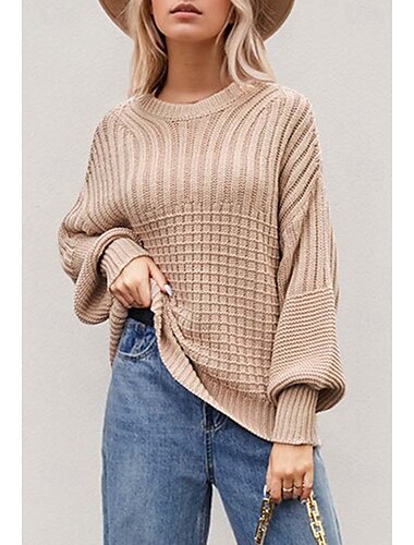  Damen Pullover Täglich Brautkleider schlicht Einfarbig Rundhalsausschnitt Strick Textur Laternenärmel Langarm Lange Oberteile Stricken Formal Heim Arbeit Grün Khaki Herbst Winter