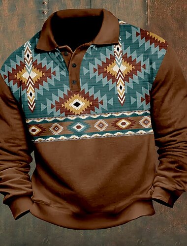  בגדי ריקוד גברים Folk חולצות פולו Pullover שרוול ארוך חולצות פולו קולר וינטאג' יום יומי יומי לבוש רחוב כפתורים הדפסת תלת מימד סתיו חורף חום ירוק צבאי
