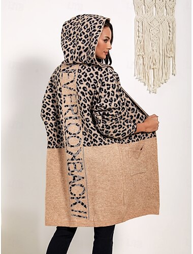  Γυναικεία Ζακέτα Μοντέρνα Κομψό στυλ street Καθημερινά Ζώο Λεοπάρ Ανοικτό Μπροστά Κουρελού Πλεκτό Μακρυμάνικο Μακριές μπλούζες Πλέκω Εξόδου Καμηλό Φθινόπωρο Χειμώνας