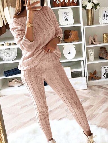  Femme Pull Chandail Décontractées Couleur unie torsadé Col Ras du Cou Tricoté manche longue Hauts longs Tricoter Fin de semaine Rose Claire Automne Hiver
