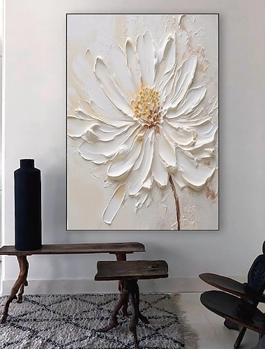  Pintura al óleo pintada a mano, pintura floral 3d, pintura al óleo hecha a mano con espátula, flores, arte de pared, pintura texturizada blanca 3d grande, pinturas decorativas modernas, impresionismo,