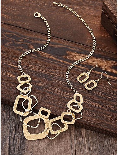  Women's Geometric Silver Statement Necklace and Earrings Set – Modern Hammered Metal Jewelry for Parties and Formal Events