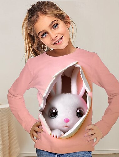  イースター 女の子 3D グラフィック 動物 バニー Tシャツ Ｔシャツ 長袖 春 秋 ファッション ベーシック 子供 4〜12年 クルーネック アウトドア カジュアル 日常 レギュラー