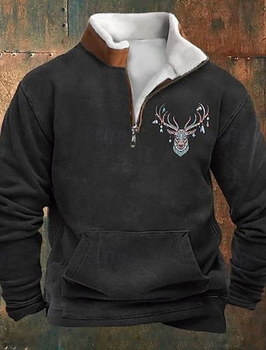  Hombre Sudadera Sudadera con un cuarto de cremallera Negro Azul Piscina Verde Trébol Caqui Media cremallera Reno Estampado Navidad Diario Festivos Ropa de calle Casual Vellón fino Otoño invierno Ropa