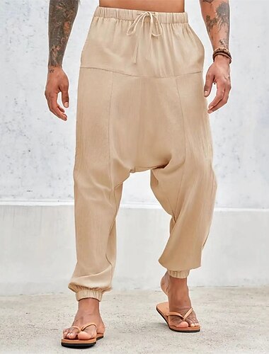  Herren Baumwollhosen Hose Hosen Sommerhosen Strandhose Haremshose Tasche Kordelzug Elastische Taille Glatt Komfort Atmungsaktiv Täglich Festtage Urlaub Hawaiianisch Boho Armeegrün Weiß