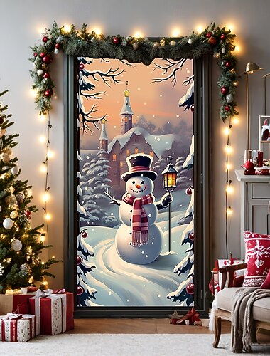  bannière de noël décorations de porte de Noël, couvre-portes, bonhomme de neige de Noël, tapisserie de porte rose, , décoration, toile de fond, bannière de porte pour porte d'entrée