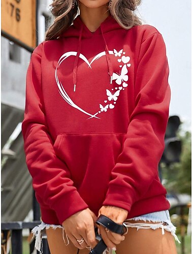  Damen Hoodie Sweatshirt Kapuze Polyester Vlies Herz Schmetterling Strasse Alltagskleidung Tasche Bedruckt Brautkleider schlicht Kapuzenpullover Langarm Mikro-elastisch Herbst Winter