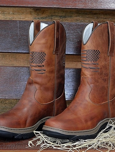  bottes de travail de cow-boy en relief avec drapeau américain pour hommes - bottes western en similicuir marron durables avec semelle robuste pour l'extérieur et les vêtements décontractés
