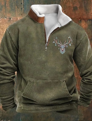  Per uomo Maglia Felpa con zip corta Nero Blu Verde Cachi Mezza zip Renna Stampato Natale Quotidiano Ferie Poliestere Streetwear Casual Bavarese Autunno & Inverno Abbigliamento Felpe con cappuccio