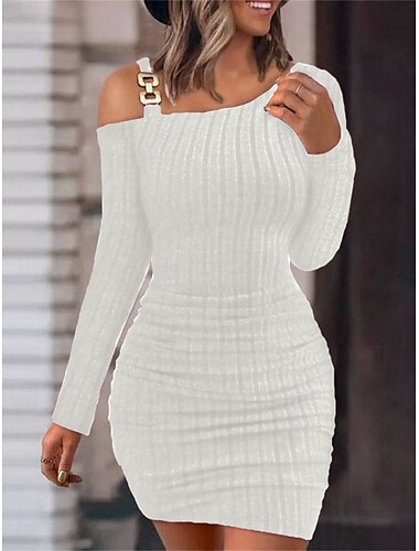  Damen Casual kleid Minikleid Patchwork Kalte Schulter Brautkleider schlicht Ein-Schulter Langarm Schwarz Weiß Wein Farbe