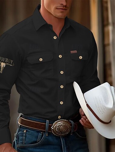  Herren Kuh Hemd Westernhemd Cargo-Shirt Langarm Brautkleider schlicht Taktisch Sport & Natur Ausgehen Winter Frühling & Herbst Umlegekragen Bedruckt Schwarz cremefarben Khaki