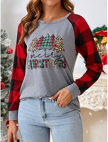  Damen T-Shirt Weihnachten Alltag Casual Langarm Grau Herbst Winter