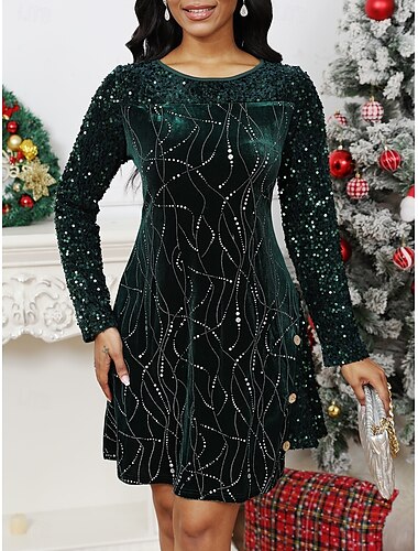  Damen Urlaubskleid Dreiviertelärmel Paillettenverzierung Fit-and-Flare Knielang Party Abend Rot Gold Glitzernd Komfort Stretch Winterbekleidung