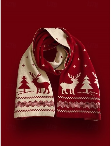 sciarpa lavorata a maglia da donna con stampa di renne e alberi di Natale in rosso e bianco, comodo accessorio invernale per le feste   sciarpa lavorata a maglia da donna con stampa di renne e alberi di Natale in rosso e bianco, comodo accessorio invernale per le feste