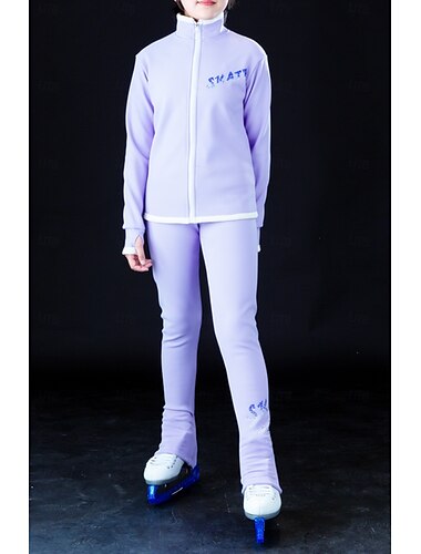 Eiskunstlauf Fleecejacke Eiskunstlaufhose Eiskunstlaufjacke mit Hose Damen Mädchen Eislaufen Jacke Strumpfhosen Outfits Violett Patchwork Daumenloch Spandex Dehnbar Training Übung Professionell