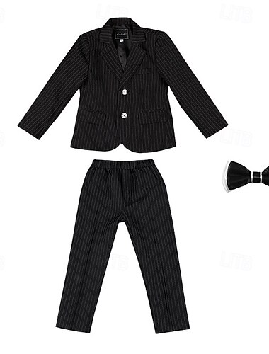  3 Stück Ring-Träger Anzug Jungen kinderkleidung Anzug Formeller Anzug Anzug & Blazer Formelles Set Formal Party Modisch Cool Streifen Tasche Schwarz Marineblau Polyester