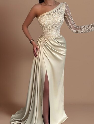 Robe de soirée Sirène Robe chaude invitée de mariage traîne balayante Manches longues Une épaule Robe de demoiselle d'honneur Satin avec appliques en strass Robe de bal masqué 2025