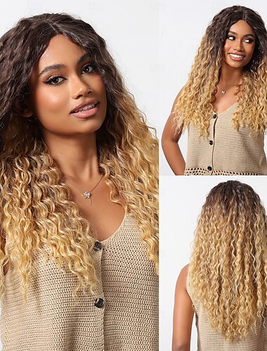  Synthetische Spitzeperücke Große Wellen Stil 26 Zoll Blond Mittelteil T-Teil Perücke Damen Perücke Hellblond