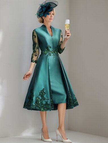  A-linjeformad klänning för brudens mor Elegant Vintage V-ringad Te-längd Satäng 3/4 längd ärm med spets En färg 2025 gratis anpassad storlek