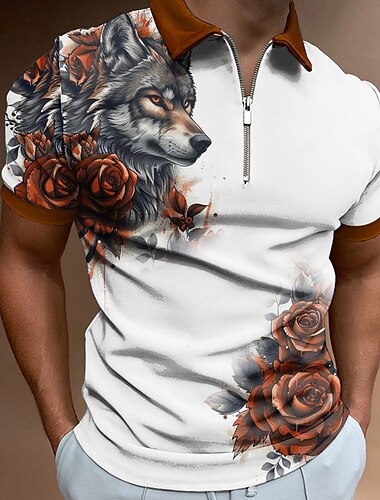  Herren Wolf Poloshirts mit Reißverschluss Golfshirt Kurzarm Polo-Shirts Hemden mit Kragen Lässig Lustig Streetwear Urlaubskleidung Party-Outfits 3D-Druck Viertelreißverschluss-Poloshirt Sommer