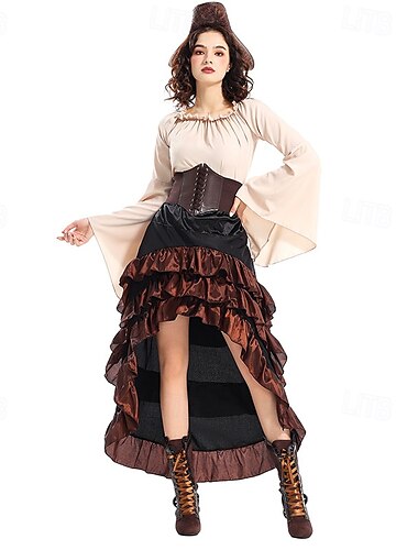  Retro Vintage Mittelalterlich Renaissance Outfits Ren Faire Pirat Wikinger Damen Seeräuber Fantasie Steampunk Halloween Karneval Party LARP Renaissance-Messe Erwachsene Oberteil Rock Hut