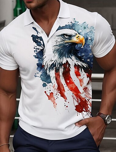  Herren Amerikanische Flagge Veteranen Golfshirt Kurzarm Polo-Shirts Hemden mit Kragen Lässig Streetwear Urlaubskleidung Party-Outfits Knöpfe 3D-Druck Sommer Weiß