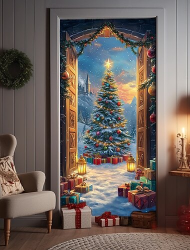  juledørdekorasjoner dørdeksler juletre ornamenter dørteppe dørgardindekorasjon bakteppe innendørs/utendørs dørbanner til inngangsdør gårdshus juleferie festdekor rekvisita