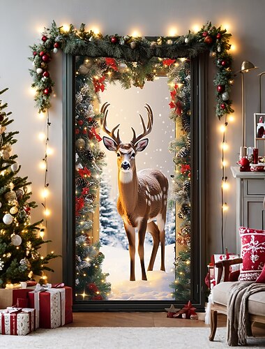  juledørpynt dørbetræk julerensdyr dør gobelin dør gardin dekoration bagtæppe dør banner til hoveddør bondehus ferie fest indretning forsyninger indendørs/udendørs