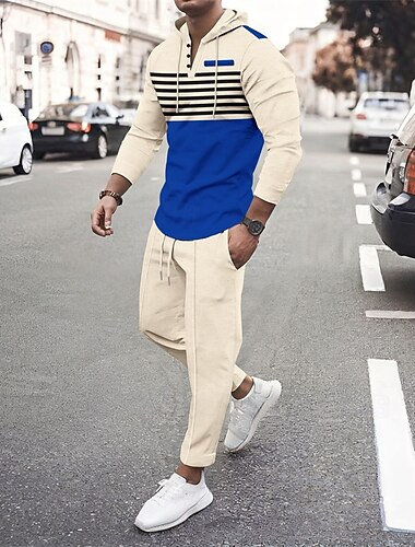  Voor heren Trui met capuchon Trainingspak sweatsuit Zwart Wit Marine Blauw Khaki Donkergrijs Capuchon Gestreept 2-stuks Sport & Outdoor Dagelijks Feestdagen Streetwear Basic Casual Lente & Herfst